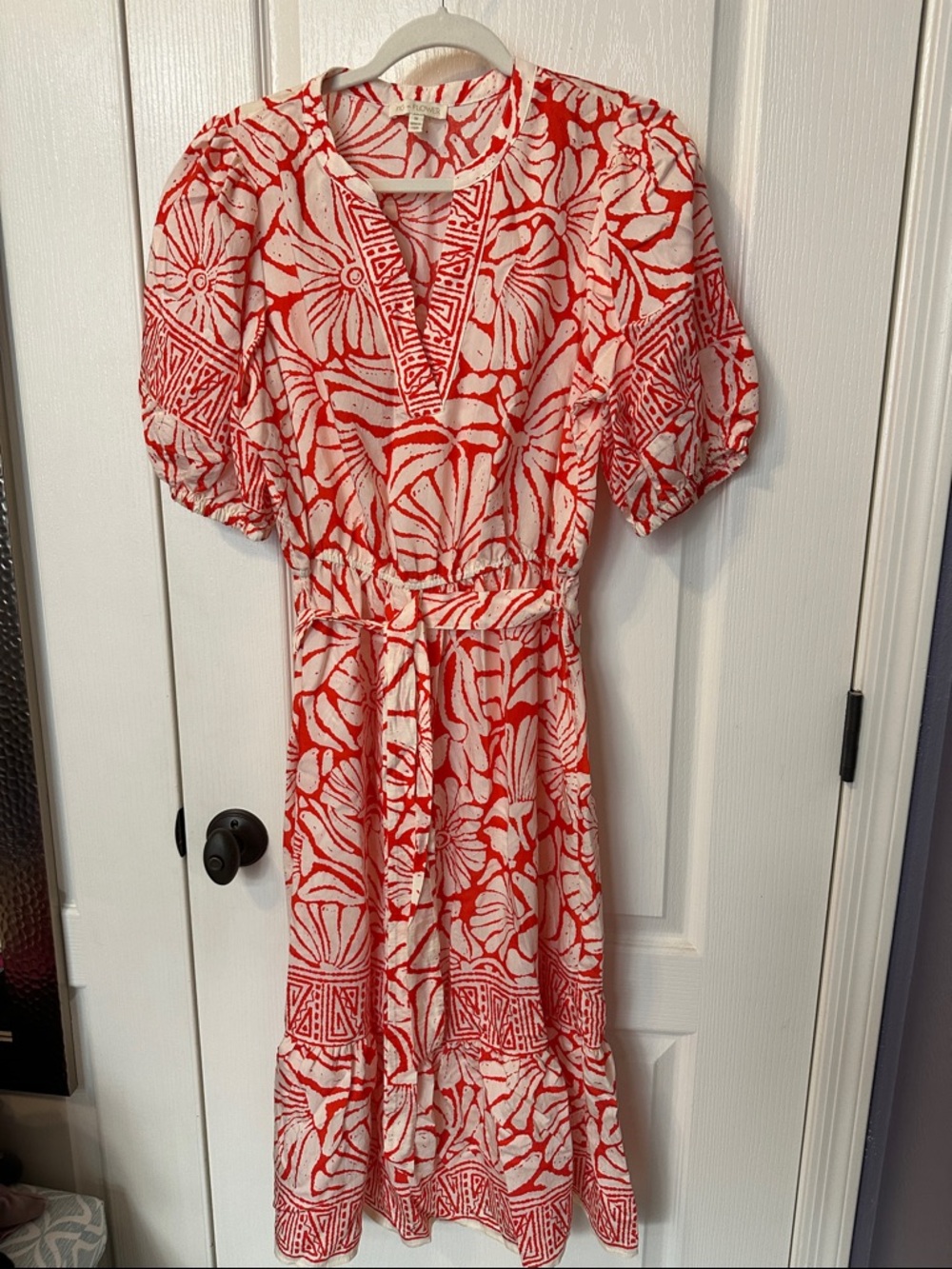 Fig & Flower Red and White Floral Midi Dress with Tie Waist